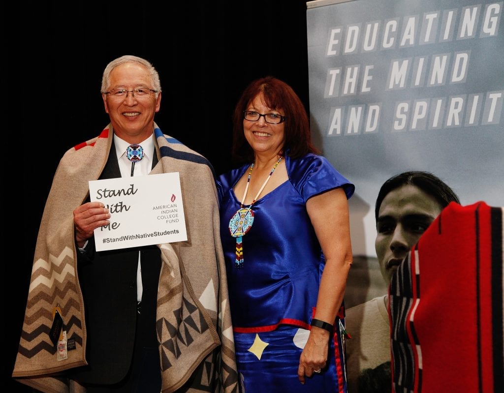 Dr. David Yarlott, President of Little Big Horn College, Crow Agency, Mont., honored by American Indian College Fund with College Fund President Cheryl Crazy Bull. Dr. Yarlott received the 2016 American Indian College Fund Tribal College Honoree of the Year award for his leadership.