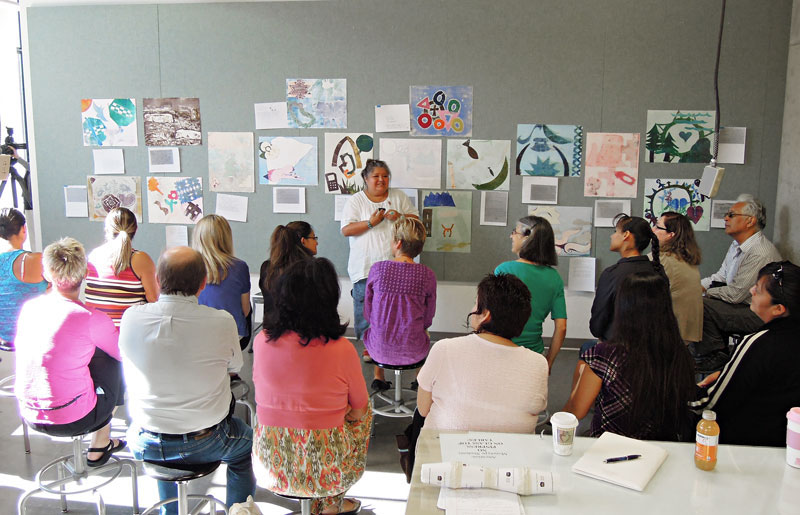 Melanie Yazzie leads a print-making workshop at the University of Colorado