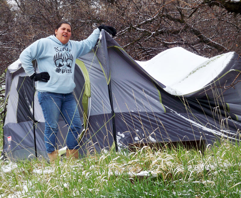 Deanna's tent could not withstand the May snowfall at her camp and it collapsed.