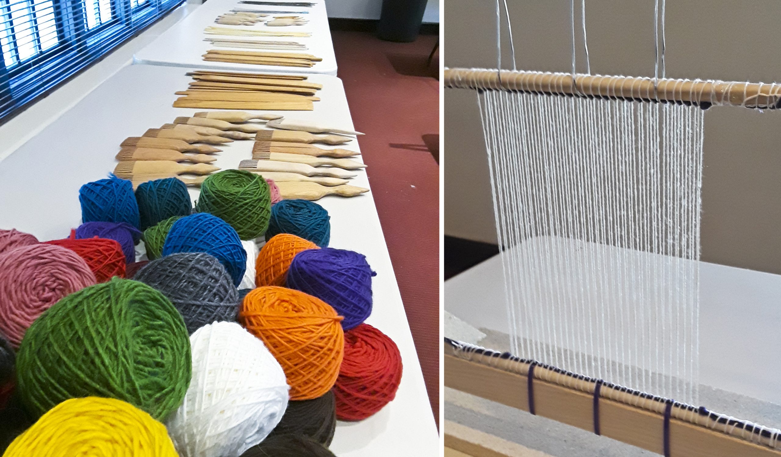 A table with the supplies and an empty loom for the weaving project