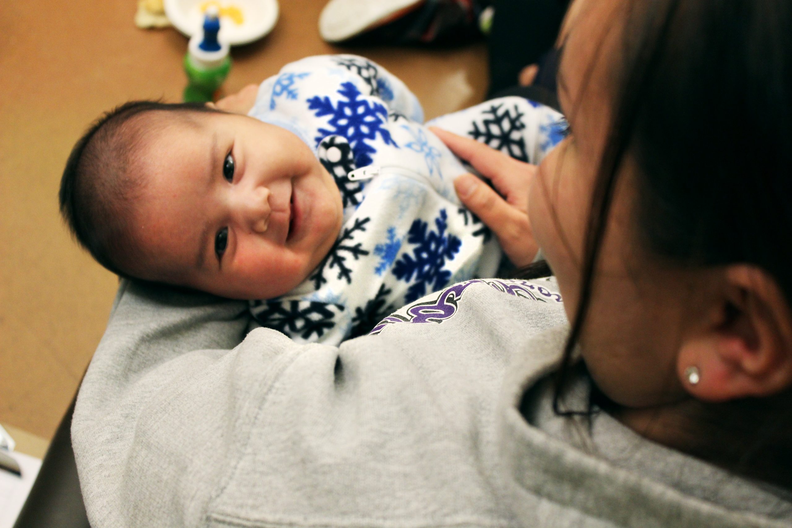 Lummi infant and mother in the NWIC ELC preschool classroom.