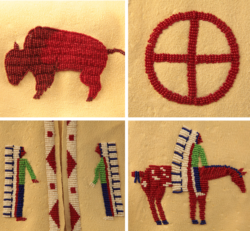 Detailed designs of the vest gifted to David Kennedy representing a buffalo, medicine wheel a chief in a headdress and a chief in a headdress on a horse.