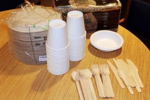 Image of the compostable cups and items used at the Campus Grind.