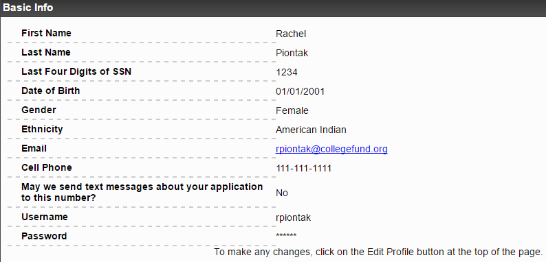 Image screen capture of the application fields on the scholarship application form; Name Last Name, ect