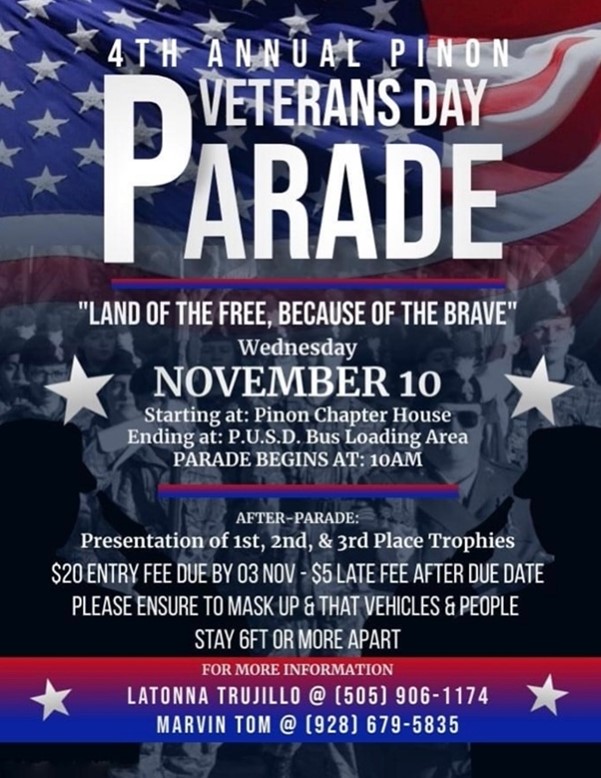 4th Annual Piñon Veterans Day Parade Flyer. Harley Interpreter walked along the parade route to provide attendees with QR code links to voter registration information.