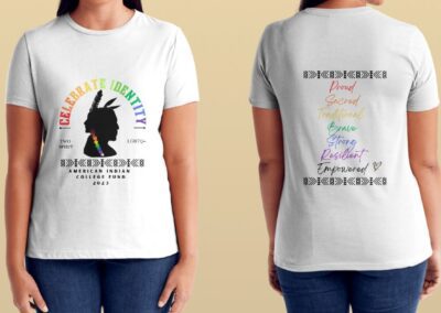 Shealena Anton (she/her) shealena.antone@tocc.edu Image Description: Celebrate Identity (on shirt) For my design, I chose to create a silhouette to represent a two-spirit native and utilized the rainbow in the braid to represent the LGBTQ+ community. On the back of the shirt, I incorporated words that I feel encourage everyone to stay true to themselves and embrace who they are blessed to be.