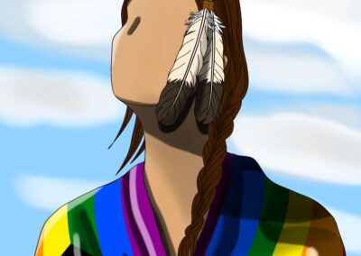 Tyler Thompson (he/him) tyler.thompson@tocc.edu Image Description: Person wrapped in rainbow flag, cloud and blue skies I wanted to tie the symbols that I feel most signify Two-Spirit and LGBTQ+. I didn't put a face on the Native American figure to keep them gender neutral and the two feathers in the hair symbolize them being Two-Spirit. I also didn't put a face to make the viewer be able to see themselves in this figure. They are wearing the pride flag around them to symbolize LGBTQ+ community and their sexuality. I included a beautiful blue sky to show the possible future, but I added the clouds to show that it isn't always going to be clear skies ahead, but it is a bright future. If the background needs to be removed though I can always do that or it can be removed if the shirt needs that.