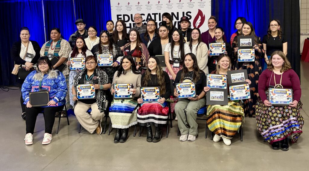 Tribal College and University Students of the Year at the ceremony in Bismarck posed with their awards.